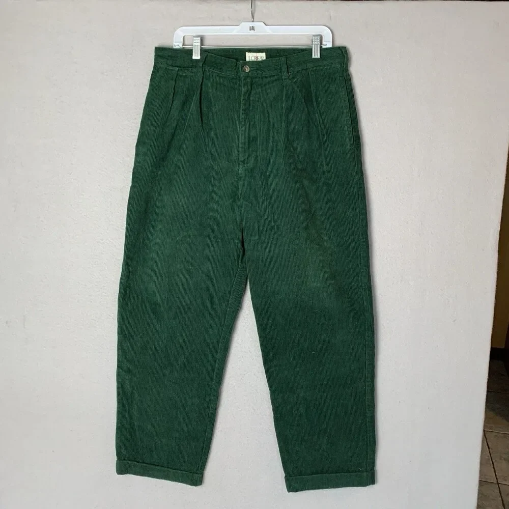 J Crew Oarsman Corduroy Pants Mens 36x29 Green Pleated Rolled Cuff Vintage